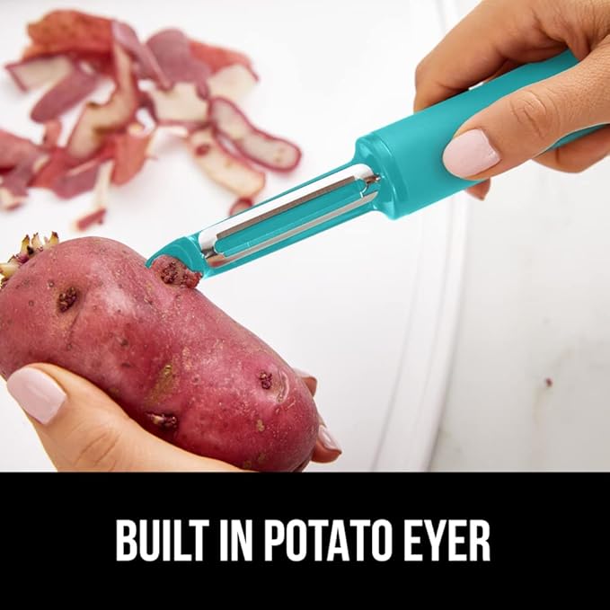 GORILLA GRIP® Patented BPA-Free Vegetable Peeler, Extra Sharp Swivel Stainless Steel Blades with Guard, Comfortable Soft Handle, Easily Peel Carrots Fruit, Potato Eye Remover, Washer Safe Turquoise
