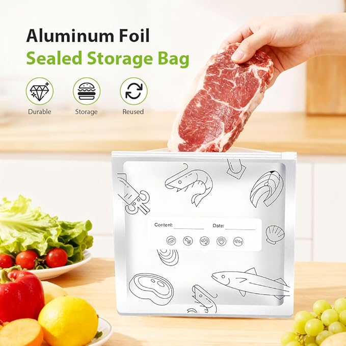 Reusable Aluminum Foil Sealable Storage Bags, 2026 New Resealable Vacuum Zipper Pouches, Stand Up Foil Sealable Bags with Label and Zip Lock for Kitchen (30, Large)