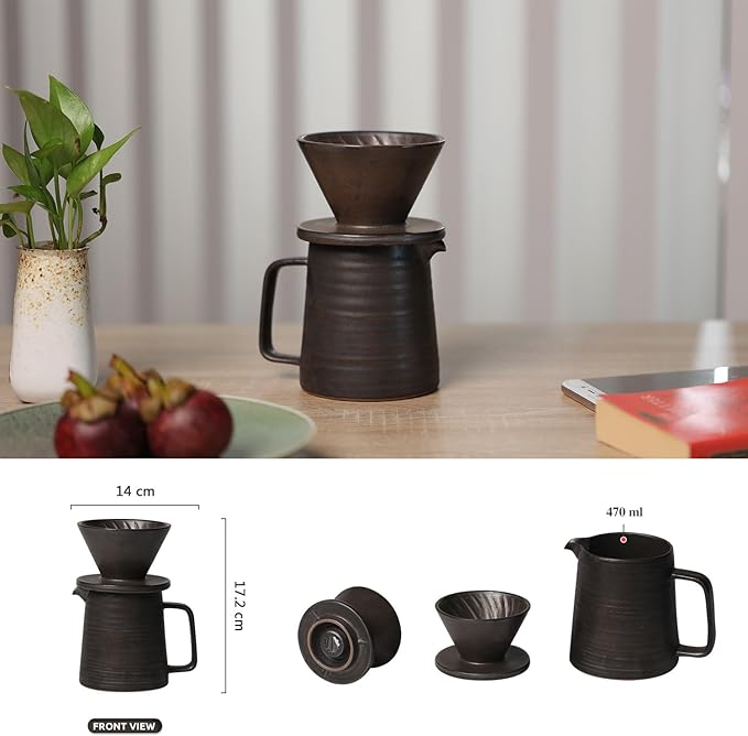 globe faith Stoneware Handmade Pour Over Coffee Maker Set, Ceramic Coffee Brewer Hand Drip Cone Dripper & Coffee Pot Microwaveable Decanter, Retro Metallic Glaze, 16oz