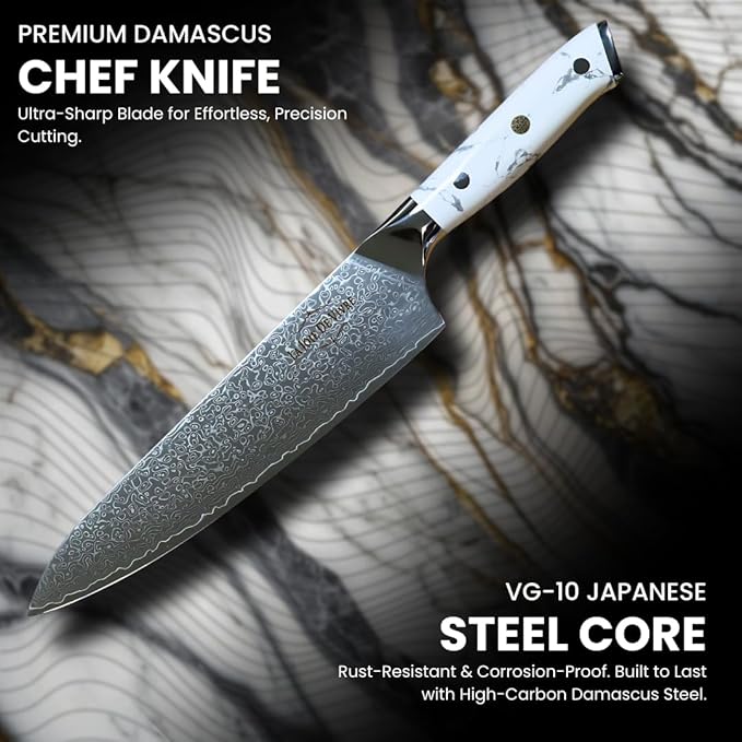 Damascus Chef Knife 8 Inch, Japanese Chef Knife with 67-Layer VG-10 Steel Core, Ultra Sharp Professional Kitchen Knife, White Turquoise Resin Handle, Premium Gift Box
