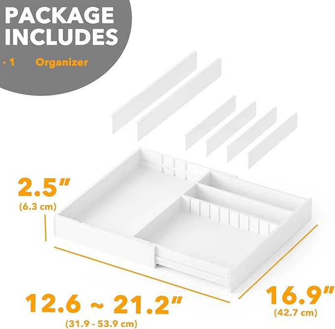 SpaceAid 2.5" High Bamboo Silverware Drawer Organizer with Labels, Kitchen Utensil Expandable Tray Holder for Flatware, Cutlery, Spoon and Knives Drawer Storage Organization (White)