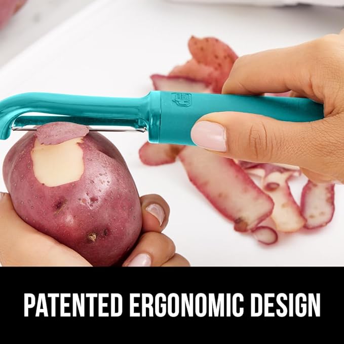 GORILLA GRIP® Patented BPA-Free Vegetable Peeler, Extra Sharp Swivel Stainless Steel Blades with Guard, Comfortable Soft Handle, Easily Peel Carrots Fruit, Potato Eye Remover, Washer Safe Turquoise