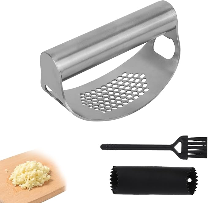 Stainless Steel Hand Garlic Rocker Presser Set, Garlic Press Smasher with Plastic Peeler Roller and Brush Ginger Crusher Mincer Cutter Supplies for Kitchen Dicer Chopper Grater Gadgets