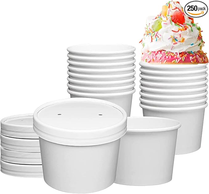 Basidi [250 Sets White Paper Food Containers With Vented Lids, To Go Hot Soup Bowls, Disposable Ice Cream Cups (12oz)
