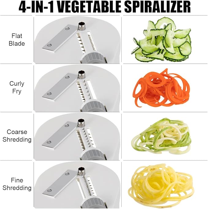 Badelite Vegetable Spiralizer 4-IN-1 Rotating Blade Veggie Spiralizer Zucchini Noodle Maker with Strong Suction Cup Spiral Vegetable Cutter Slicer - White