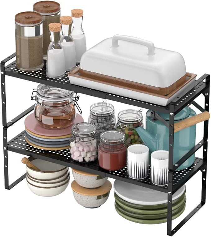 MIYUPTC Expandable Kitchen Cabinet Shelf Organizers, Stackable Metal Pantry Storage Shelves Rack, Adjustable Counter Spice Shelf for Cabinets, Countertop, Cupboard, 2 Pack, Black