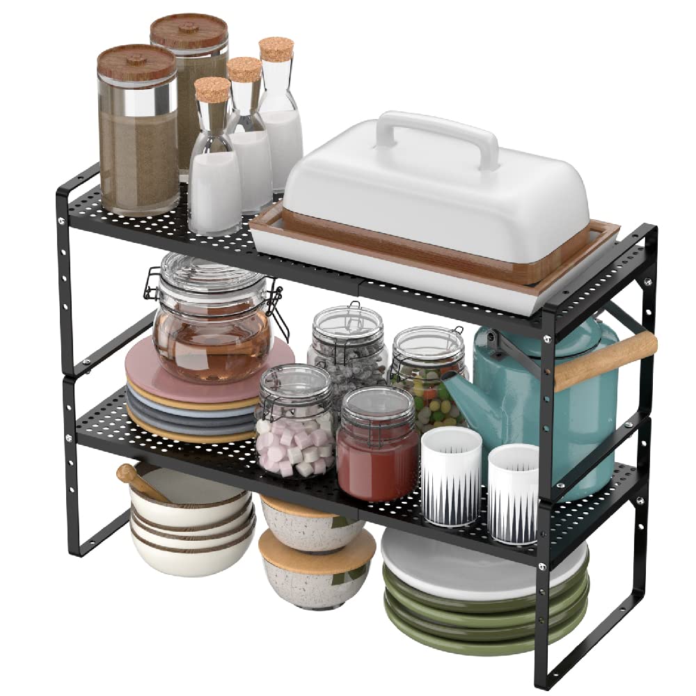 MIYUPTC Expandable Kitchen Cabinet Shelf Organizers, Stackable Metal Pantry Storage Shelves Rack, Adjustable Counter Spice Shelf for Cabinets, Countertop, Cupboard, 2 Pack, Black