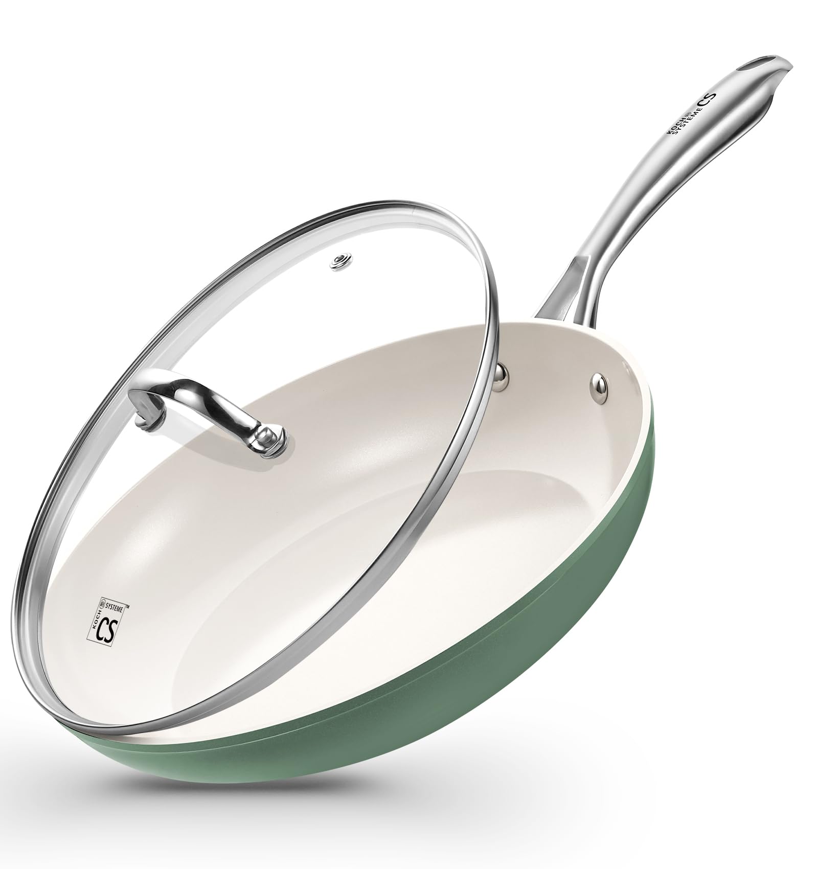 KOCH SYSTEME CS 10 Inch Ceramic Frying Pan with Lid, Non Stick Frying Pan with Stainless Steel Handle, Ceramic Skillet for Cooking, Induction Compatible Skillet, PTFE & PFOA Free, Oven Safe, Green
