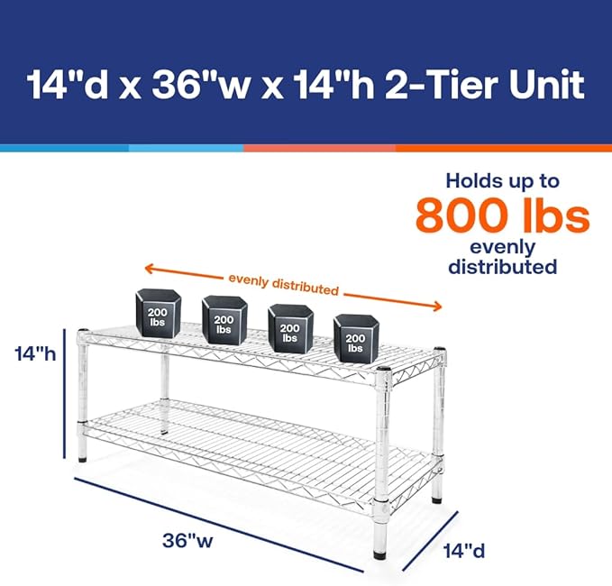 Shelving Inc. 14" d x 36" w Chrome Wire Shelving with 2 Tier Shelves