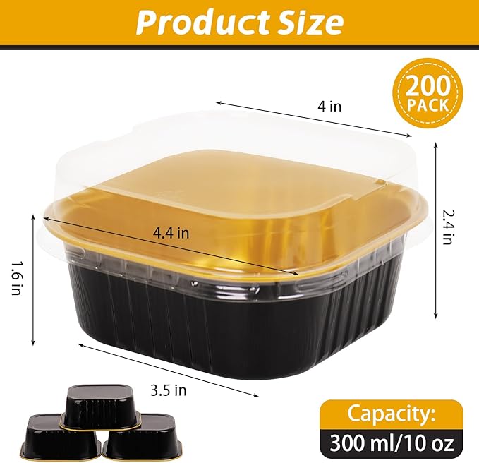 DeziWood 200 Pack 10 oz Black Gold Mini Aluminum Cake Pans with Lids and Spoons, Disposable Square Baking Cups, Oven Safe Foil Ramekins for Individual Desserts, Cupcakes, Cheesecakes Ramekins Muffin