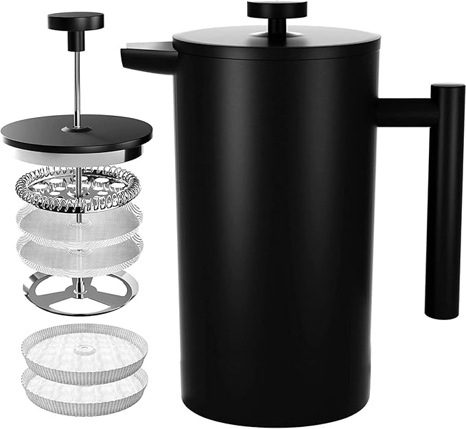 Coffito French Press Coffee Maker,Stainless Steel Double Wall Insulated Coffee Press 34 oz,4-8 Cups, Portable Hot Cold Brew Teapot Cafetera for Coffee Bar Accessories Kitchen Camping (Black,34oz)