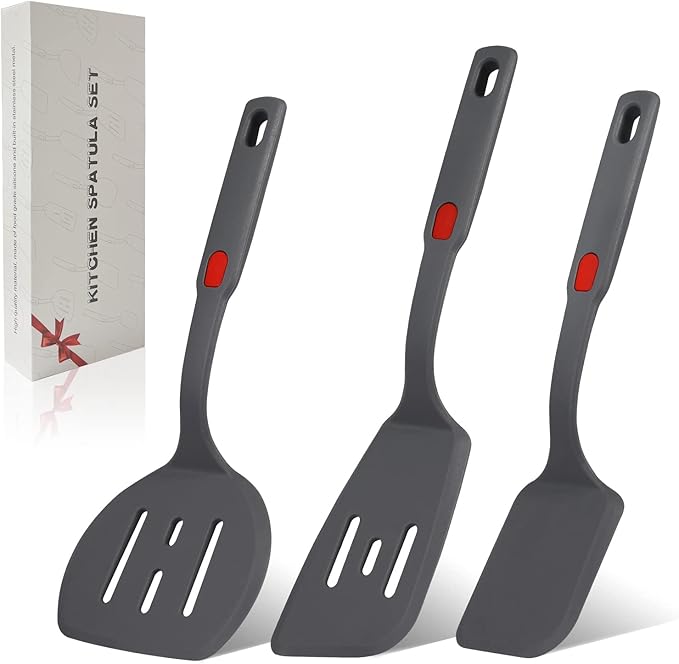 Hvanam Flexible Silicone Spatula Set For Nonstick Cookware Rubber Silicone Bpa-Free Heat Resistant Heavy Duty Kitchen Turner Large,Slotted Flipper And Small Spatulas For Egg Fish Pancake Cookie (Grey)