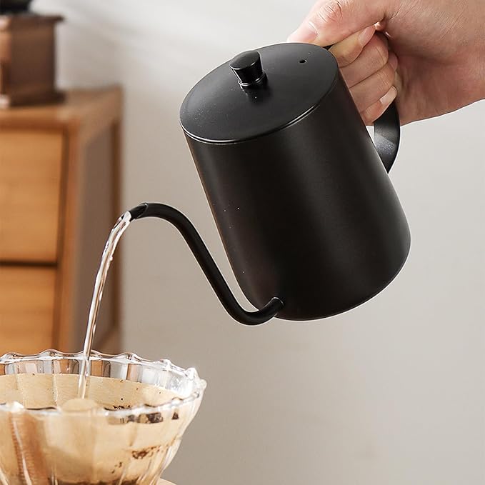 Pour Over Kettle, 12oz Stainless Steel Gooseneck Spout Pour Over Coffee Kettle, Long Narrow Drip Spout Coffee Tea Pots for Precision Pouring, Home Brewing, Camping (12oz, Black with Lid)