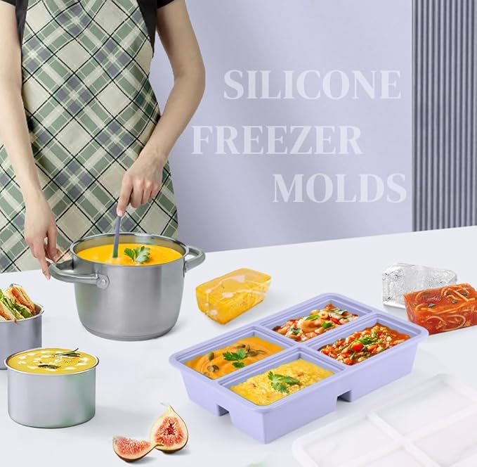 BIONMAPLE 2 PACK 1 Cup Silicone Freezer Trays With Lid For Freeze & Store Soup, Broth, Leftovers, Microwave-safe Soup Freezer Container - Purple