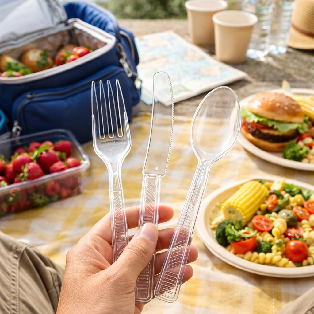 Party Dimensions 300 Count Plastic Cutlery Combo Box, Disposable Clear Plastic Silverware Utensils Set, 100 Forks, 100 Spoons, 100 Knives