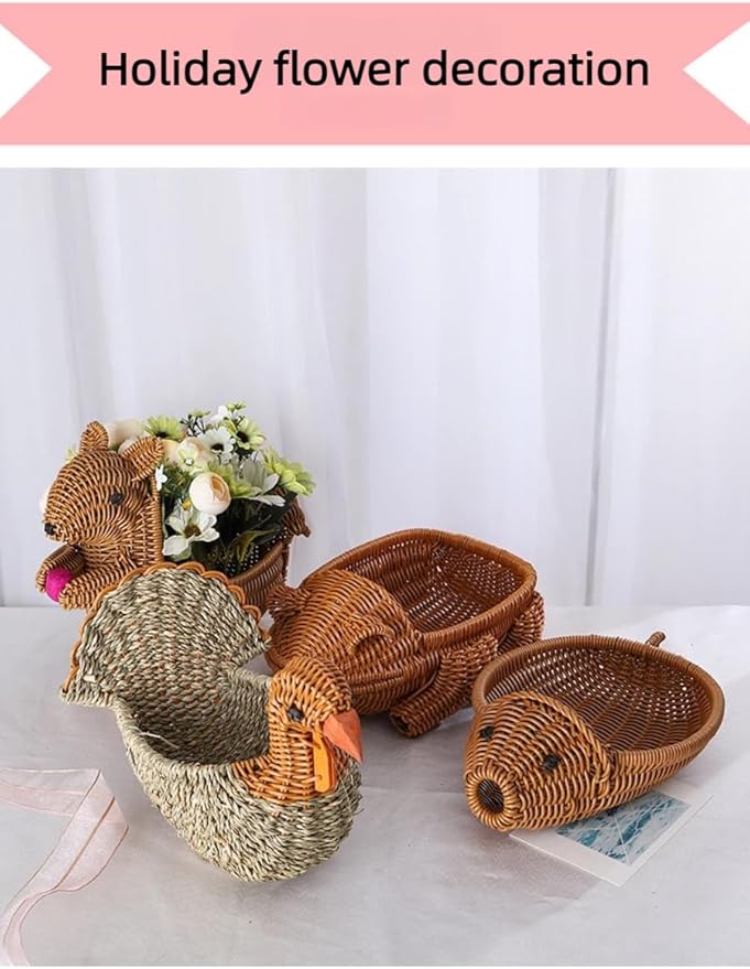 PSYCONES hand-woven round rattan basket storage basket storage box ornaments decorative basket multifunctional picnic food bread basket fruit gift basket key basket. (squirrel)