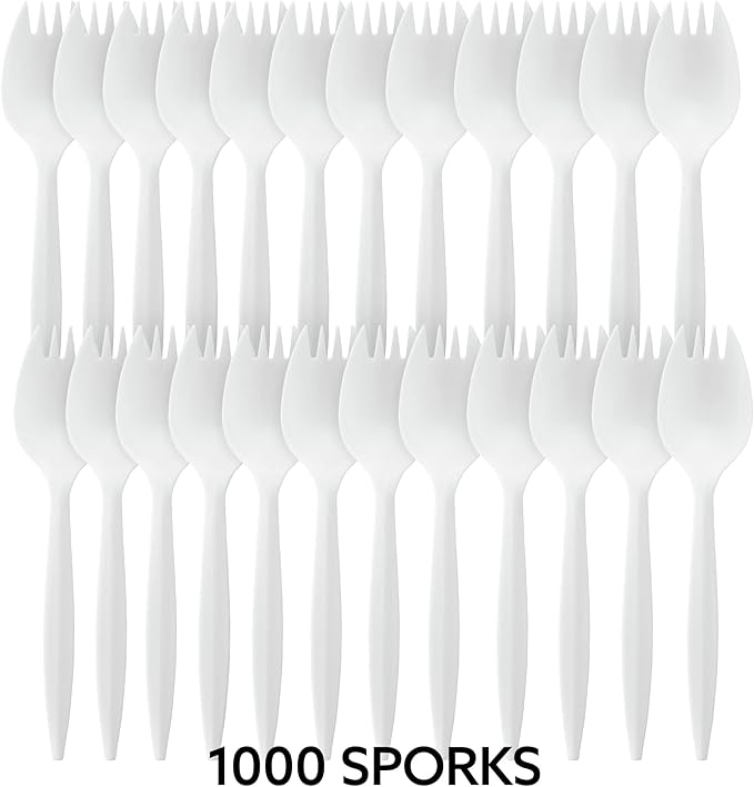 Plasticpro Cutlery Plastic Sporks Medium Weight Disposable Silverware White (1000 Count)