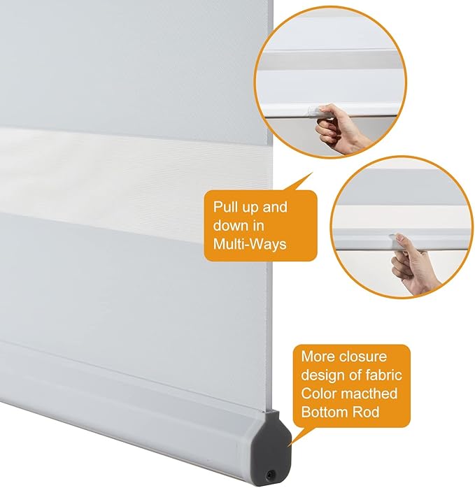Persilux Zebra Cordless Roller Shades for Windows, Privacy Day & Night Shades (42" W x 72" H, White) for Sliding Door, Home & Office