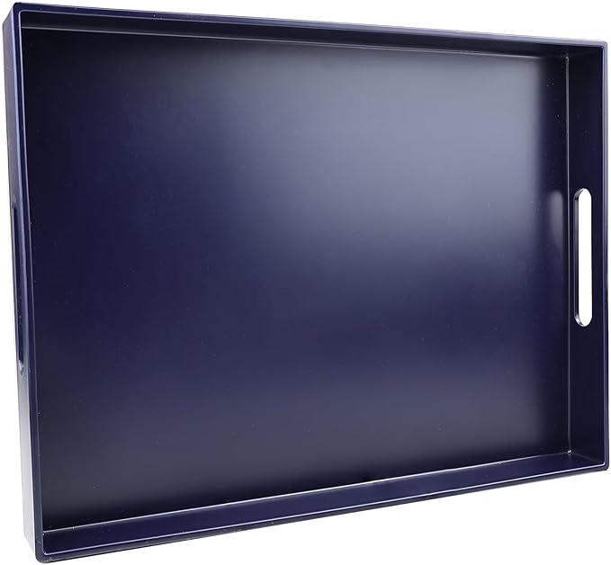 SforGUVA Navy Blue Serving Tray for Coffee Table, Rectangular Plastic Decorative Tray with Handles for Entertaining, Outdoor Patio, Living Room, Ottoman, Bathroom Counter, 11.8”*15.7”*1.6”