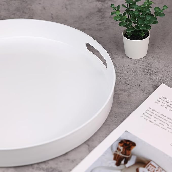 SforGUVA Round White Decorative Serving Tray with Handles, 13” Versatile Ottoman Tray for Coffee Table, Entertaining, Outdoor Patio, Living Room