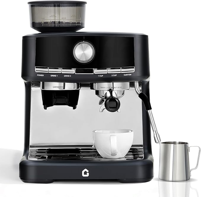Garvee 20 Bar Pressure Stainless Steel Espresso Machine with Grinder, 1.5L Removable Water Tank, Milk Frother Steam Wand for Latte/Cappuccino - Adjustable Shot Volume, Professional Home/Office Use