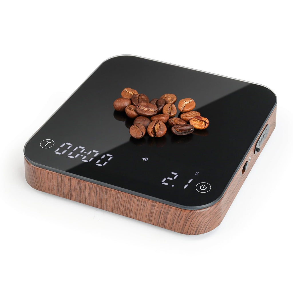 KitchenTour CaféMetric Coffee Scale with Timer 0.1g/2000g - Precision Small Scale for Espresso & Pour Over - Mini Scale with LED Display Recharge Wood