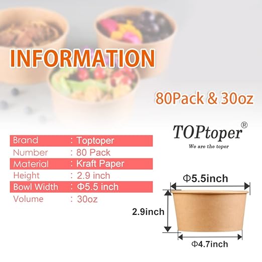 TOPtoper 80 Pcs 30 Oz【WITHOUT LIDS】 Large Paper Bowls Disposable Soup Bowls Bulk Plastic Free Party Supplies for Hot/Cold Food, Soup (30 OZ)