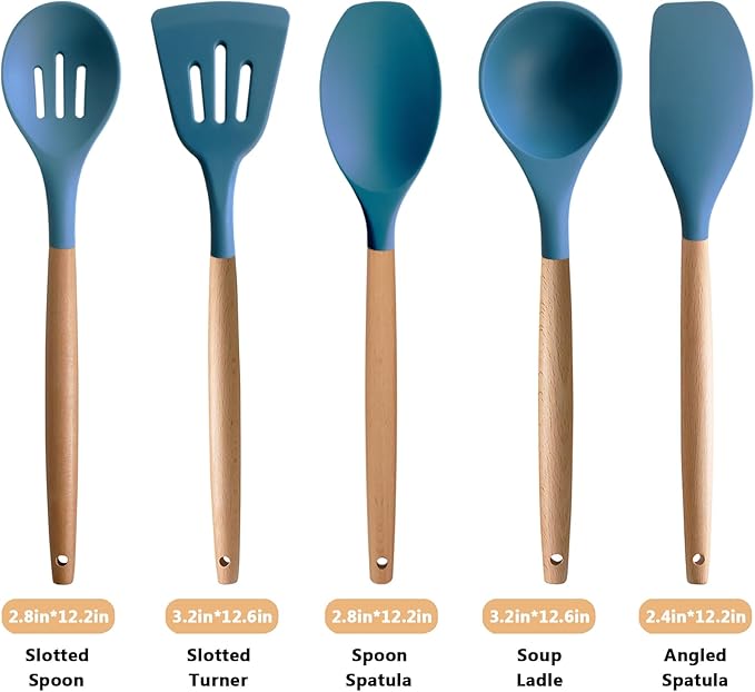 IOCBYHZ Silicone Kitchen Cooking Utensils Set 5Pcs Non-Stick Silicone Kitchen Utensils Set Spatula Spoon Turner Ladle with Wooden Handle, Heat Resistant Cooking Gadgets for Nonstick Cookware BPA-FREE