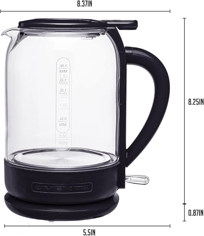OVENTE 1.5L Glass Electric Kettle Water Boiler, Black KG516B