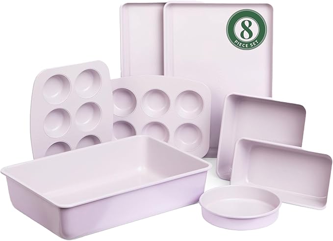 Larder & Vine 8-Piece Stackable Bakeware Set, Ceramic-Coated Nonstick Baking Pan Set, Non-Toxic, with Baking Sheets, Muffin Pan, Loaf Pan & Cake Pans, Lavender