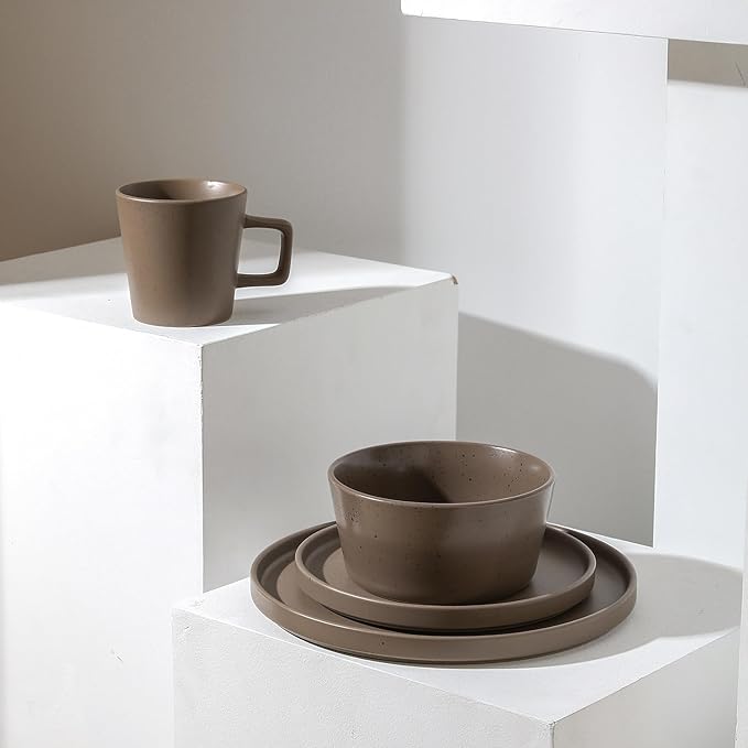 Stone Lain Celina Stoneware 16-Piece Modern Dinnerware Set, Plates and Bowls, Matte Brown, Service For 4, Microwave & Dishwasher Safe