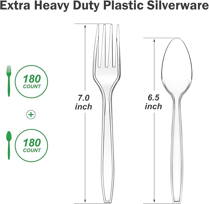 Dealusy 360 Count Extra Heavy Duty Clear Plastic Forks and Spoons, 180 Forks & 180 Spoons, Heat Resistant, Disposable Plastic Silverware Set