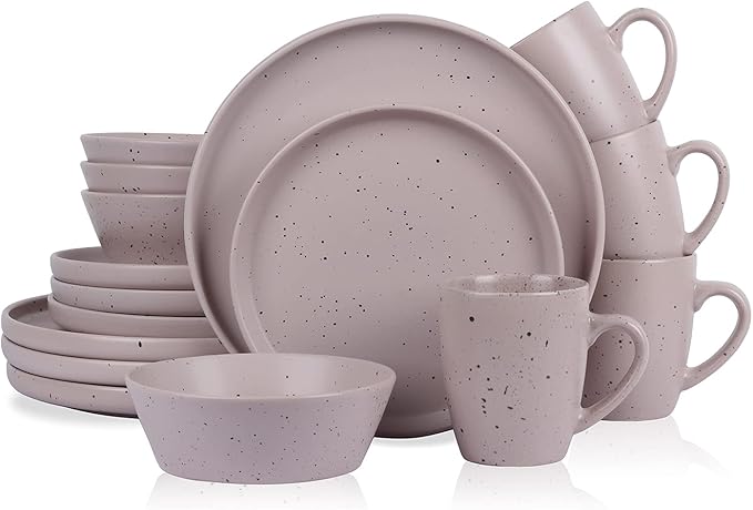 Stone Lain Jade Stoneware 16 Piece Dinnerware Set, Home Kitchen Dish Set with Dinner Plates, Salad Plates, Bowls, & Mugs - Service for 4, Taupe