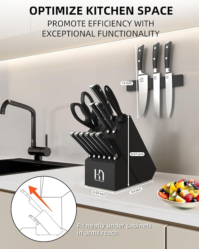 KnifeSaga Knife Set 15 Pcs High Carbon Stainless Steel Kitchen Knife Sets with Block & Sharpener, Premium Razor-Sharp Black Knives Block Set for Kitchen, Ergonomic Full-Tang Handle