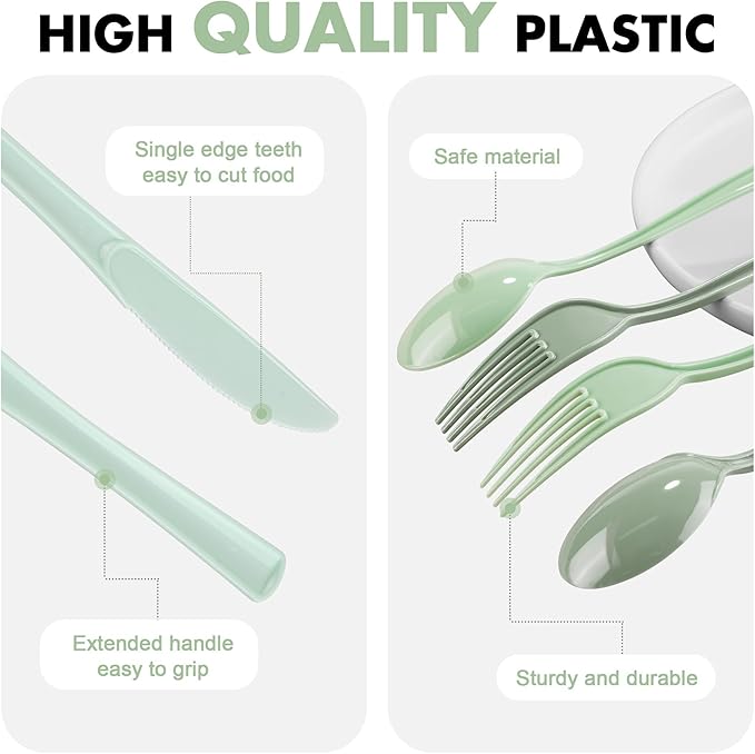 Kochorie 300 Pieces Sage Green Plastic Silverware with Spoons Forks Knives