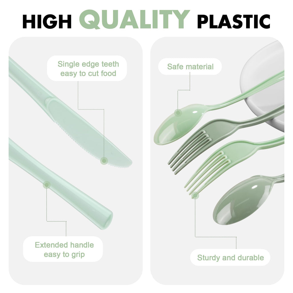 Kochorie 300 Pieces Sage Green Plastic Silverware with Spoons Forks Knives