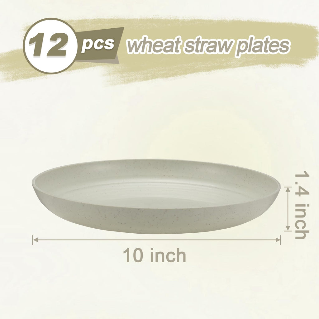 HEYCOME 12 Pcs Unbreakable Deep Dinner Plates Set, 10 inch Reusable Plastic Wheat Straw Plates, Microwave and Dishwasher Safe Plate for Kitchen, Lightweight Plate for Dessert, BPA Free, Beige