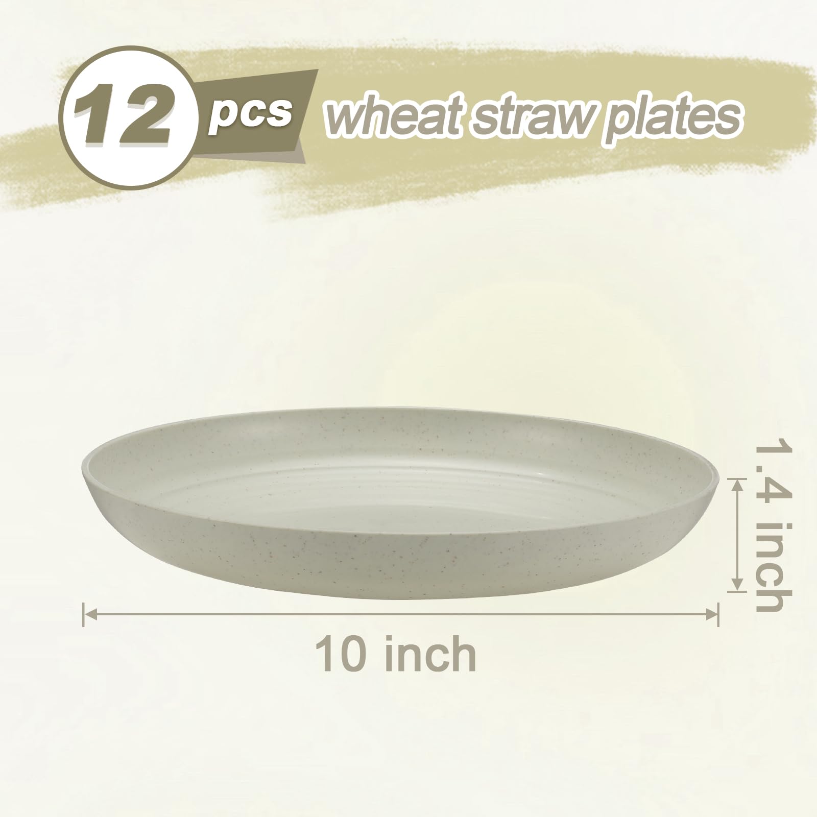 HEYCOME 12 Pcs Unbreakable Deep Dinner Plates Set, 10 inch Reusable Plastic Wheat Straw Plates, Microwave and Dishwasher Safe Plate for Kitchen, Lightweight Plate for Dessert, BPA Free, Beige