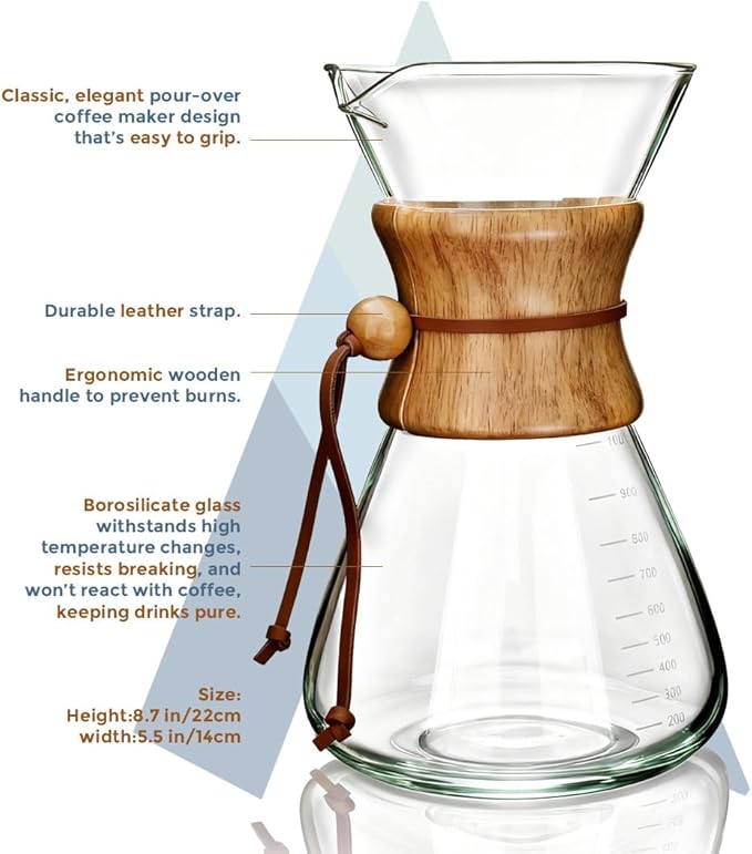 AGOGO Pour Over Coffee Maker Set, 34oz Slim Style, 304 Stainless Filter
