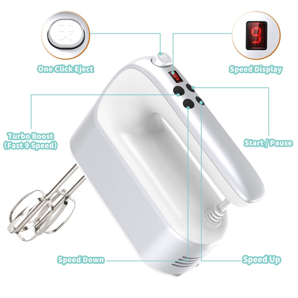 Yomelo 9-Speed Digital Hand Mixer Electric, 400W Powerful DC Motor, Hand Mixer Electric Handheld with Snap-On Storage Case, 5 Stainless Steel Accessories, Beaters, Dough Hooks, Whisk(Silvery White)