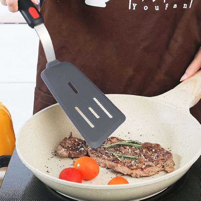 HOTEC Silicone Spatula Turner Set of 3, Heat Resistant 600°F & BPA-Free Flexible Rubber Spatulas for Nonstick Cookware, Kitchen Utensils for Flipping Eggs, Fish, Burgers, Pancakes, Cookie, Crepes