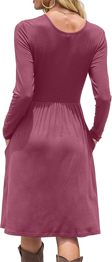 DB MOON Women Casual Long Sleeve Dresses Empire Waist Loose Dress with Pockets (Mauve, 2XL)