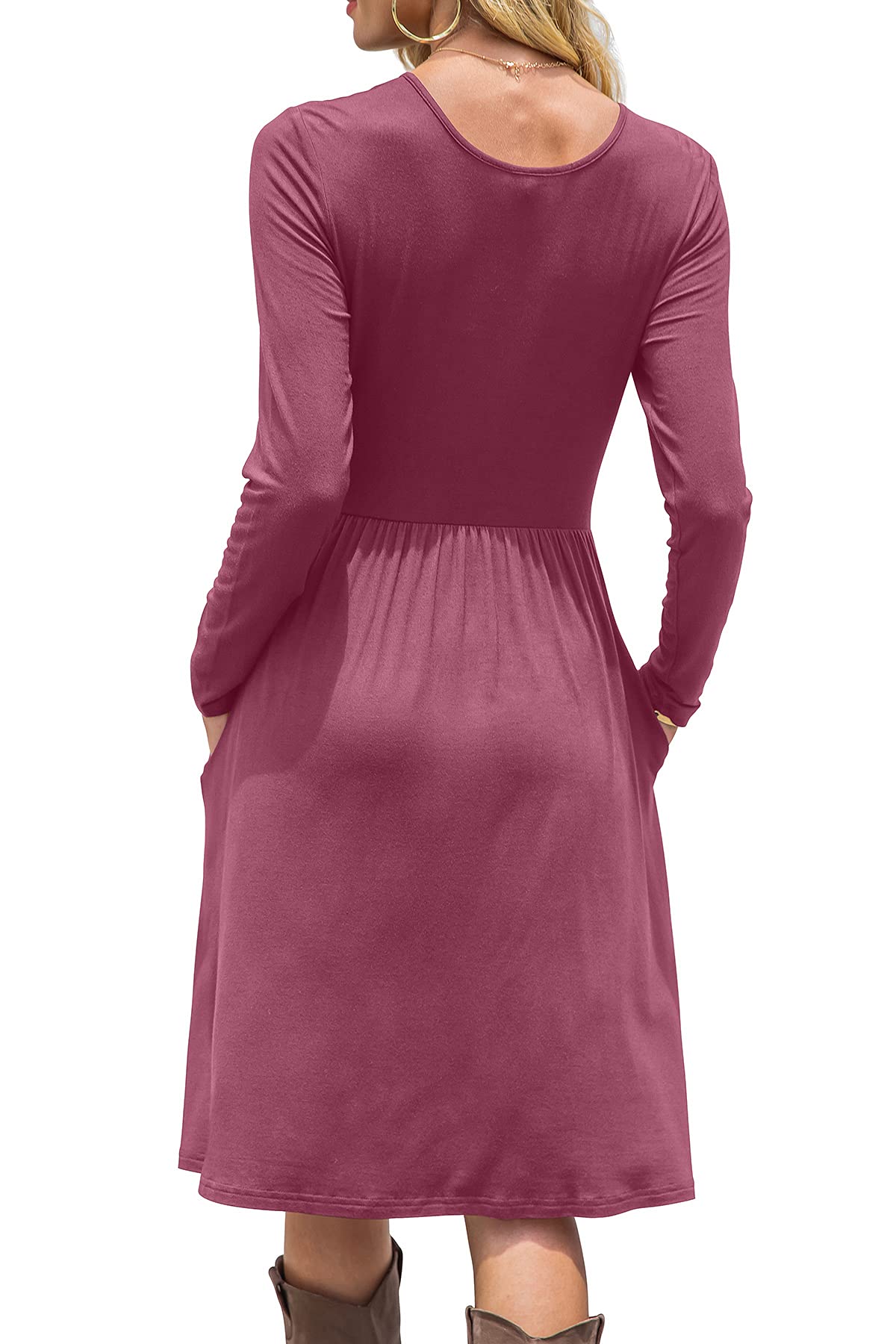 DB MOON Women Casual Long Sleeve Dresses Empire Waist Loose Dress with Pockets (Mauve, XL)