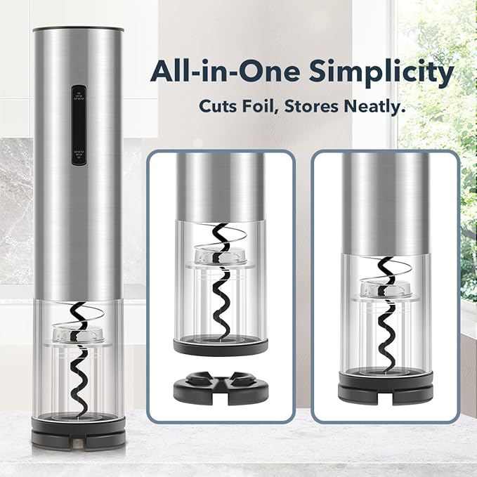 QIKPCK Electric Wine Opener Rechargeable–USB-C Charging, Wine Opener Electric with Foil Cutter, Electric Wine Bottle Opener, Electric Corkscrew Wine Opener, Stainless Steel, Must-Have for Wine Lovers