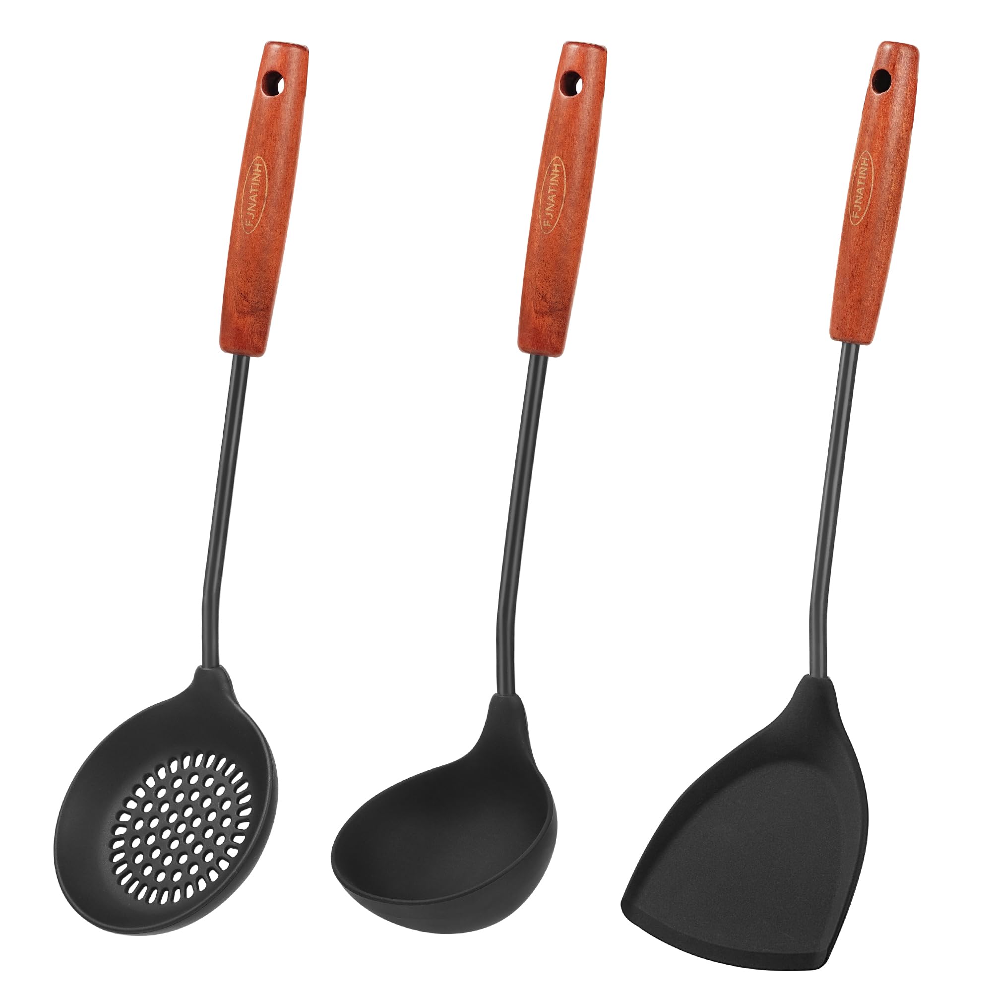 FJNATINH Wok Tools, Wok Utensil,Wok Spatula,Ladle,Skimmer Tool Set,Non Stick Heat-Resistant Silicone Cooking Utensils BPA Free Kitchen Utensils Cookware, Pack of 3,Black