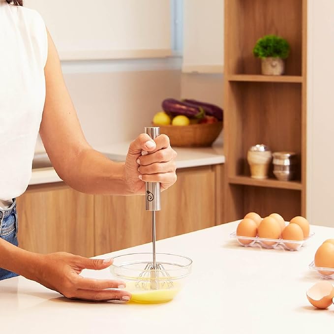 Stainless Steel Push-Down Rotary Egg Beater Hand Whisk 2 Pack 12 & 14 Inch
