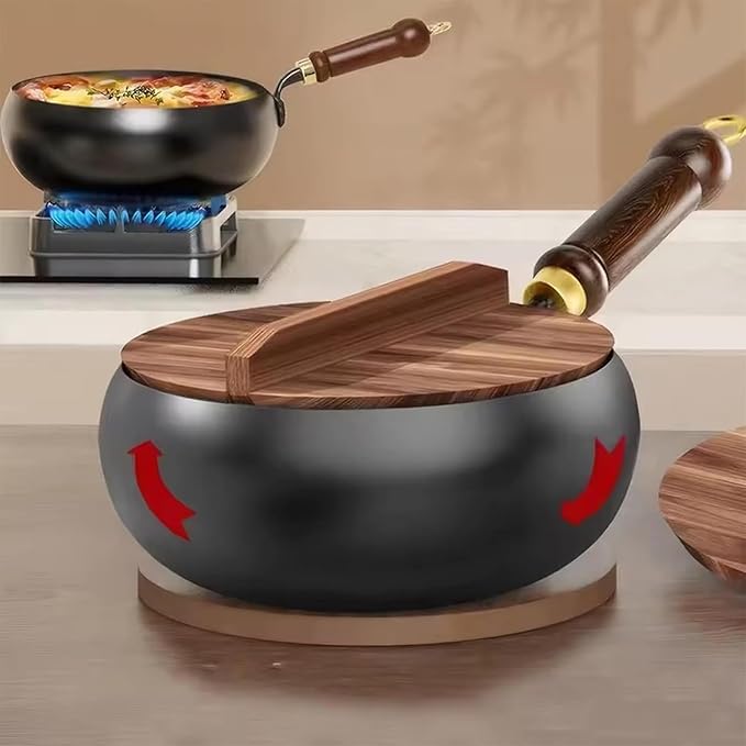 Jinswhdre Cast Iron Skillet, 9.5/11in Jinswhdre Japanese Irons Pan, Hand Forged Uncoated Iron Pan with Lid Spatula, Non-stick Wok for Cooker Gas Stir Fry Pans Durable and Rust-Free (No Lid,9.45in)