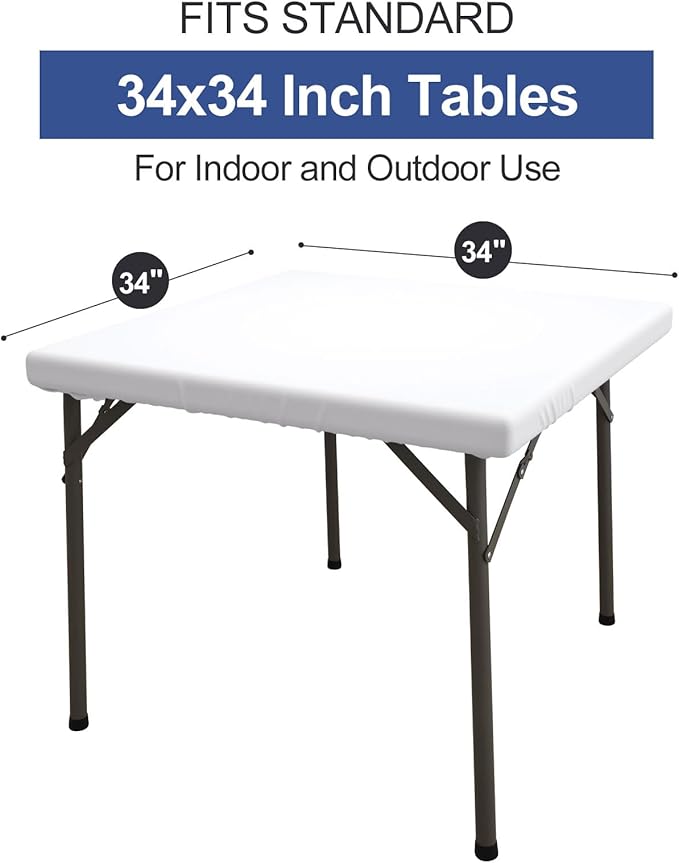 homing Square Table Cloth Cover, Water-Resistant Polyester Elastic Fitted Tablecloth, Washable Table Protector for Picnic, Camping, Outdoor (White, 34" x 34")