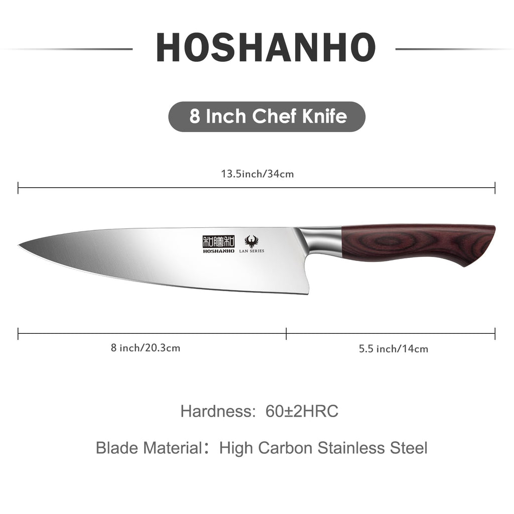 HOSHANHO 8 Inch Chef Knife for Cooking, Super Sharp High Carbon Stainless Steel Kitchen Knife, Professional Japanese Knife with Durable Wood Handle