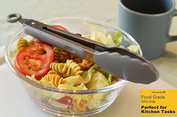 HINMAY Locking Kitchen Tongs with Silicon Tips 9-Inch, Set of 3 (Gray)